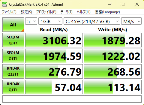 CrystalDiskMarkによる内蔵SSDのベンチマーク結果