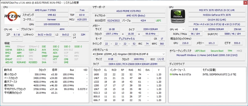 「HWiNFO64 Pro」で取得したILeDEs-RGX5-LR57X-TASXR-ZETAのシステムの概要