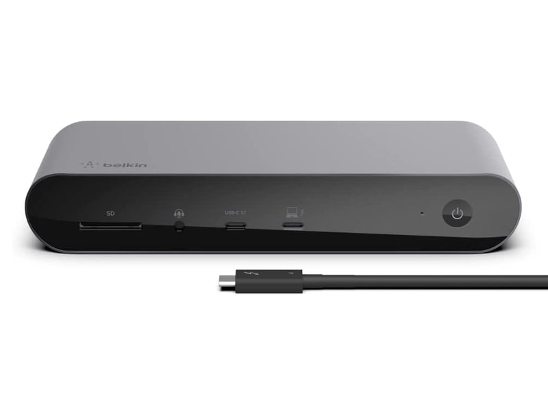 <a href="https://www.belkin.com/jp/pro-thunderbolt-4%E3%83%89%E3%83%83%E3%82%AF/P-INC006.html" class="n" target="_blank">製品ページのURL</a><br>実売価格：4万3,500円前後●給電方式：セルフパワー●ホスト接続：Thunderbolt 4(映像伝送および最大90W出力のUSB PDに対応)●デバイス接続：Thunderbolt 4(映像伝送および最大15W出力のUSB PDに対応)、USB 3.1 Type-C(最大20W出力のUSB PDに対応)、USB 3.1×2、USB 2.0×2、HDMI 2.0×2、Gigabit Ethernet、SDカードスロット、音声入出力など●サイズ：200×73×34mm●重量：503g