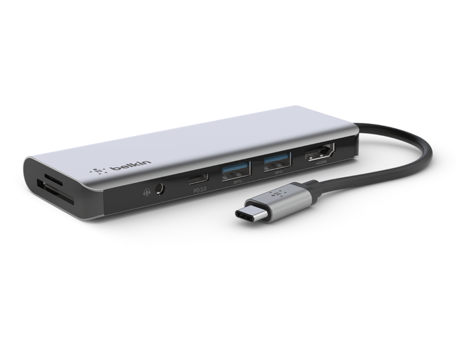 <a href="https://www.belkin.com/jp/usb-c-7-in-1-multiport-hub-adapter/P-AVC009.html" class="n" target="_blank">製品ページのURL</a><br>実売価格:6,500円前後●給電方式：バスパワー●ホスト接続：USB 3.0 Type-C(映像伝送および最大85W出力のUSB PDに対応)●デバイス接続：USB 3.0 Type-C(最大100W入力のUSB PDに対応)、USB 3.0×2、HDMI 1.4、microSD/SDカードスロット、音声入出力など●サイズ：272×46.9×13.7mm●重量：120g