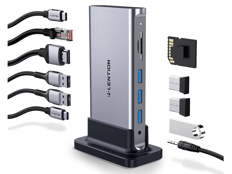 <a href="https://www.lention.com/collections/usb-c-hub/products/lention-11-in-1-usb-c-docking-station-with-4k-60hz-hdmi-stable-driver-certified-cb-d54" class="n" target="_blank">製品ページのURL</a><br>実売価格：1万2,000円前後●給電方式：バスパワー●ホスト接続：USB 3.0 Type-C(映像伝送および最大85W出力のUSB PDに対応)●デバイス接続：USB Type-C(充電用、最大100W入力のUSB PDに対応)、USB 3.0×5、HDMI、Gigabit Ethernet、microSD/SDカードスロット、音声入出力など●サイズ：134×63×21mm●重量：300g(スタンド含む)