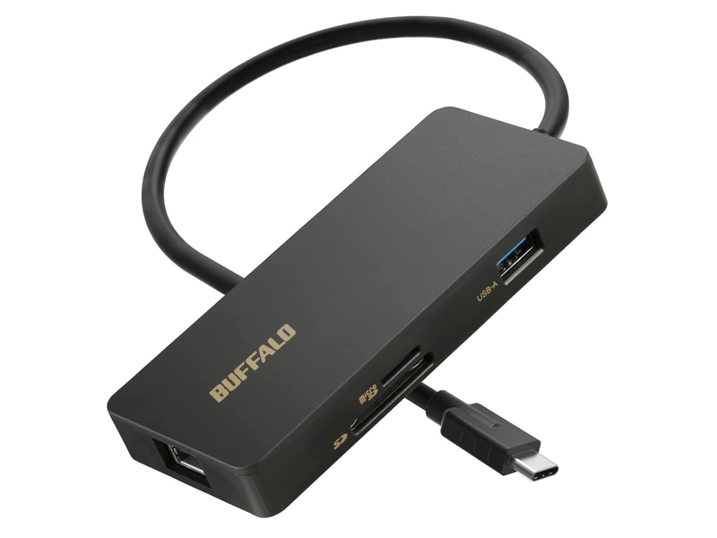 <a href="https://www.buffalo.jp/product/detail/lud-u3-cgcbk.html" class="n" target="_blank">製品ページのURL</a><br>実売価格：6,500円前後●給電方式：バスパワー●ホスト接続：USB 3.0 Type-C(映像伝送および最大85W出力のUSB PDに対応)●デバイス接続：USB Type-C(充電用、最大100W入力のUSB PDに対応)、USB 3.0 Type-C、USB 3.0、HDMI、Gigabit Ethernet、microSD/SDカードスロットなど●サイズ：116×52.5×16mm●重量：85g