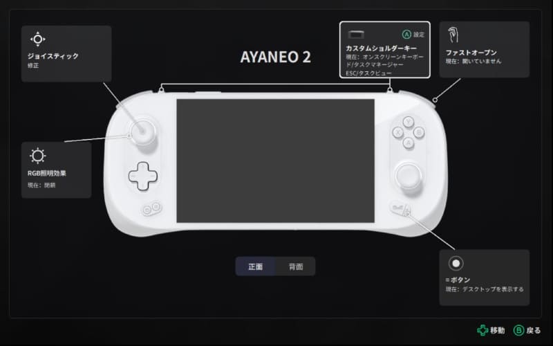 AYANEO 2のデザインが組み込まれた状態でボタンの説明やカスタム項目が表示される