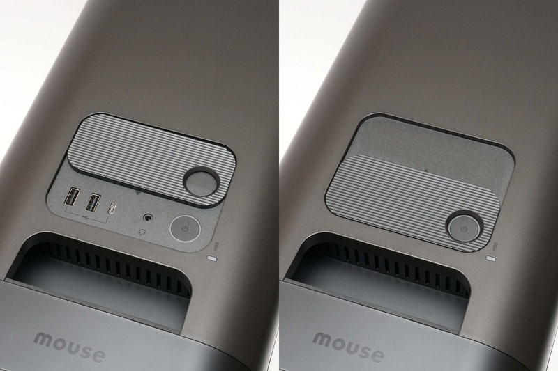 天面手前にはUSB 3.0 Type-C、USB 3.0×2、ヘッドセット端子、電源ボタンを用意。スライド式カバーが設けられておりホコリの混入を防げる