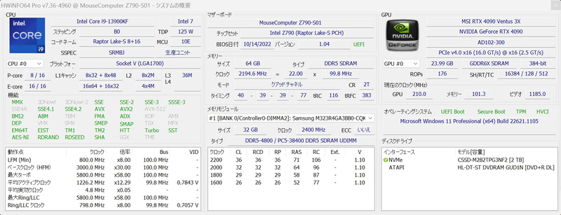「HWiNFO64 Pro」で取得したDAIV DD-I9G90のシステムの概要