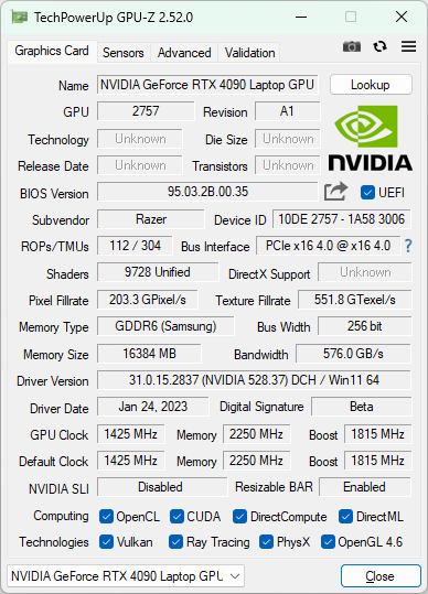 GeForce RTX 4090 Laptop GPUのGPU-Z実行画面