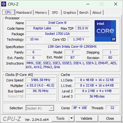 Core i9-13950HXのCPU-Z実行画面