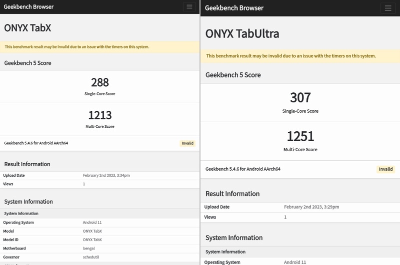 「GeekBench 5」でのベンチマーク結果。テストが不完全な状態で終了しているが、本製品(左)が「シングルコア288/マルチコア1213」、BOOX Tab Ultra(右)が「307/1251」と、Google Octaneよりも差は小さい。「Fire HD 10 Plus」とはほぼ同等だ