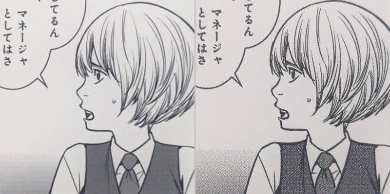 リフレッシュモードによる画質の違い。左が「HD」、右が「高速」。ほかにも3つのモードがあるが画質はこの2種類に大別される。「高速」で実用に堪えるかどうかは、線の細さや作画の密度などにも依存する