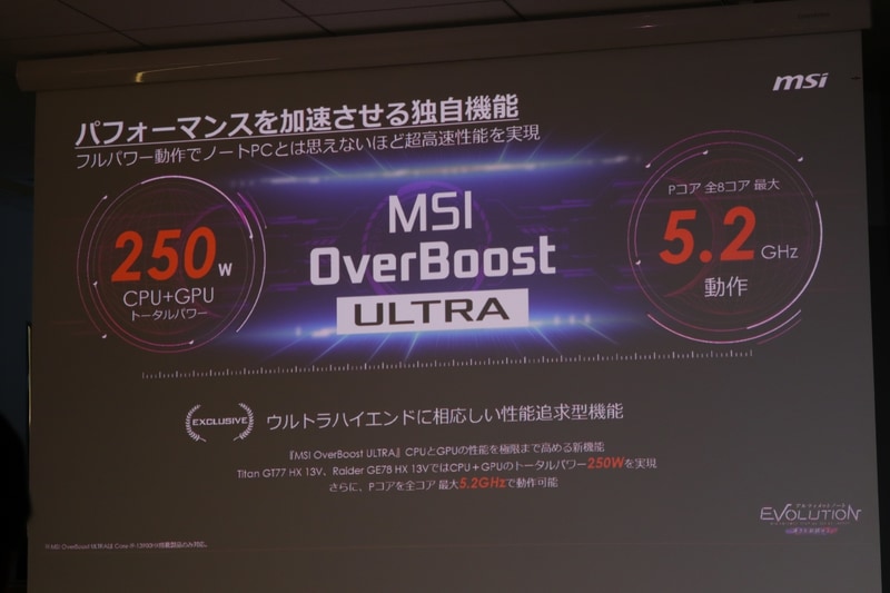 MSI OverBoost ULTRAにより、CPU+GPUで合計250Wのトータル電力を実現できるため、Pコアを全コア5.2GHz駆動させることが可能だという