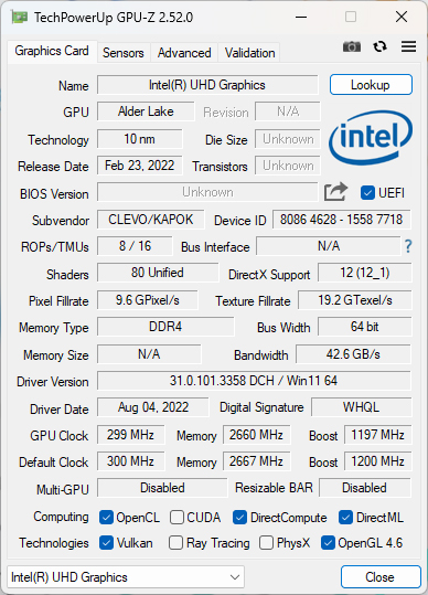 GPUはCPU内蔵のUHD Graphicsを使用している
