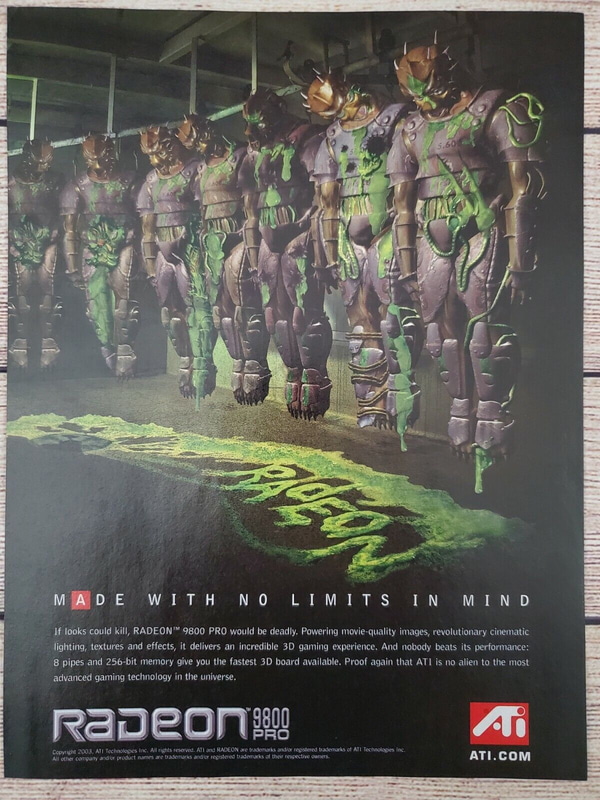 ATIが作成した<a href="https://www.ebay.com/itm/383675098929" class="n" target="_blank">Radeon 9800のポスター</a>。今度は殺されたのではなくて自殺。GeForce FXはもう自殺してください……という揶揄