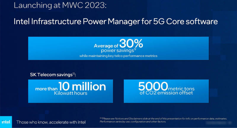 Intel Infrastructure Power Manager for 5G Core reference softwareを活用すると消費電力を最大30%削減できる(出典:Intel at MWC 2023、Intel)