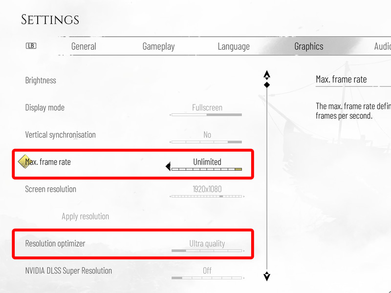Max.frame rateは「Unlimited」、アップスケーラー使わず、Resolution optimizerは「Ultra quality」とした