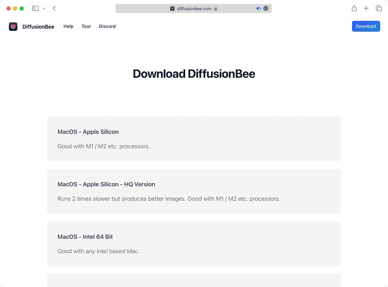 Apple Silicon用のバージョンには、通常版と速度が2倍かかるがより高品質な画像を生成できるHQ版があります。Intel Mac用アプリもあるので、マシンに合わせてダウンロードしましょう