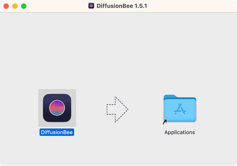 ダウンロードしたディスクイメージを開き、［DiffusionBee］を［Applications］にドラッグ&ドロップすればインストール完了です