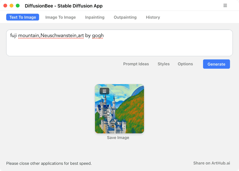 プロンプト入力後、［Generate］ボタンをクリックすると画像が自動生成されます。［Save Image］をクリックすると、生成された画像を保存できます