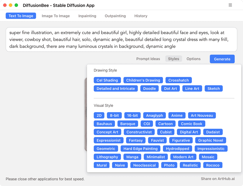 ［Styles］をクリックするとさまざまなプロンプトの例が表示され、クリックして入力できます