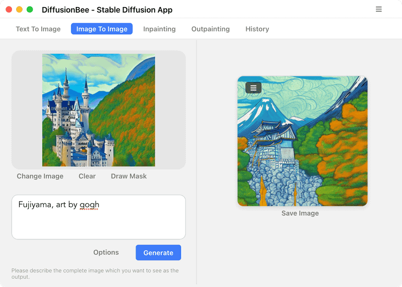 ［Image To Image］タブに切り替えると、画像から新たな画像をAIで生成できます。左側に元画像をドラッグ&ドロップで登録し、プロンプトを指定して生成すると右側に表示されます