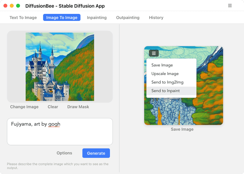 生成した画像の左上をクリックしてメニューから［Send to Inpaint］を選択すると、画像に別の要素を追加できます。追加したい場所をマウスやトラックパッドで塗りつぶして選択し、プロンプトを追加して［Inpaint］をクリックします