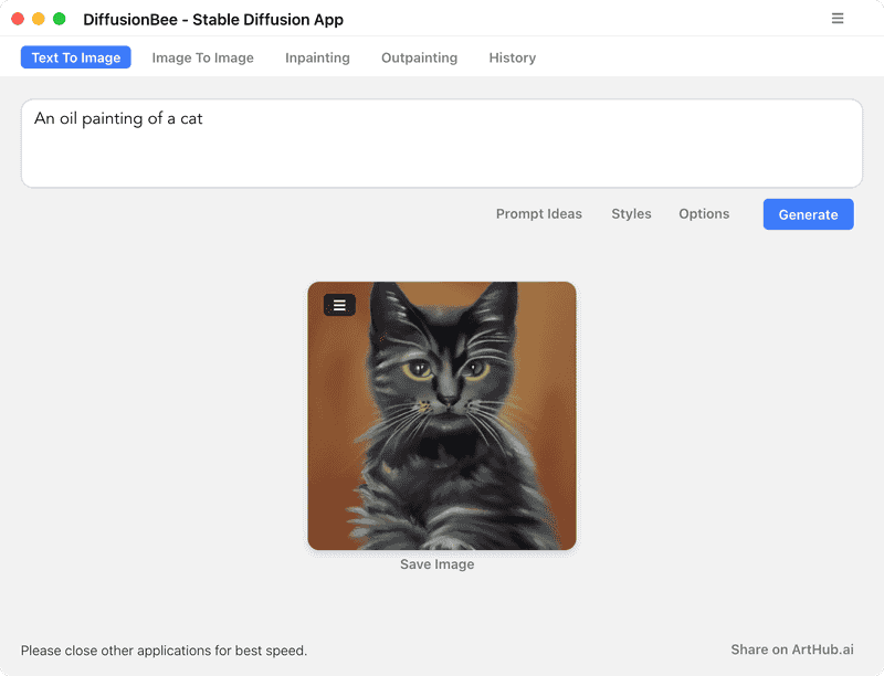 次に「スタイル」のプロンプトとして「Realistic」(現実的な)、「Oil painting」(油絵)、「Pencil drawing」(鉛筆画)などを指定します。「An oil painting of a cat」と入力してみると、よりイメージに近い画像が出力されました