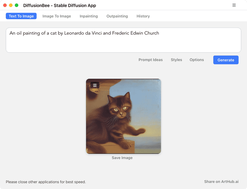 画風を具体的に指定するために「アーティスト」のプロンプトを追加します。肖像画の「Paul Cézanne」(ポール・セザンヌ)、油絵の「Vincent Van Gogh」(フィンセント・ファン・ゴッホ)、風景画の「Claude Monet」(クロード・モネ)などを指定します。ここでは「An oil painting of a panda by Leonardo da Vinci and Frederic Edwin Church」と複数の画風を指定しました
