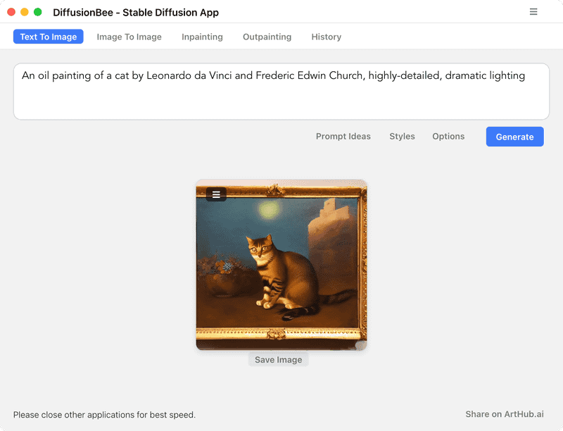 仕上げのプロンプトとして「Highly detailed」(高精細)、「dramatic lighting」(ドラマチックライティング)などを追加します。ここでは「An oil painting of a panda by Leonardo da Vinci and Frederic Edwin Church, highly-detailed, dramatic lighting」と指定しましたが、額縁が追加されてしまいました。その場合は再実行するか、プロンプト内に「picture frame:-1.0」のように「負の重み付け」をします