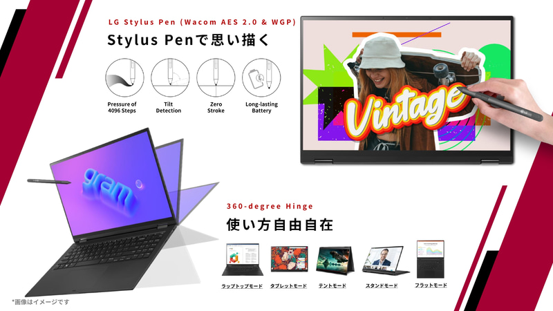 スタイラスペンに対応するほか、用途に合わせた5つのモードを備える