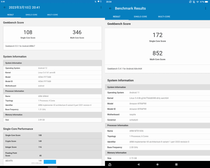 「GeekBench 5」によるベンチマークスコアの比較。左が本製品、右がFire HD 8 Plus。シングルコアは6割、マルチコアは4割程度のスコア
