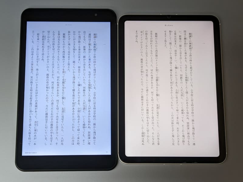 こちらはiPad mini(右)との比較。画面サイズは本製品がひとまわり小さいが、見え方はほぼ同じだ