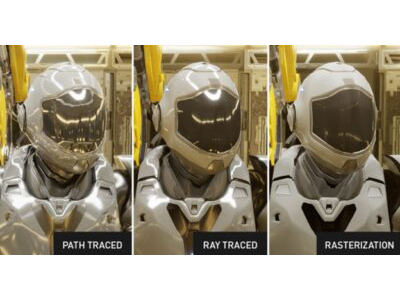 パストレーシング(左)、レイトレーシング(中)、ラスタライズ(右)の比較