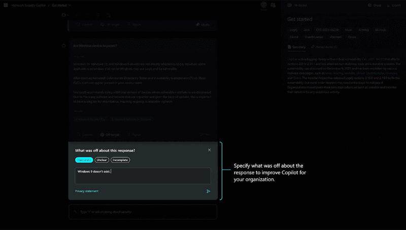 なお、AIが生成した答えのため、「Windows 9」という存在しないバージョンが表示されてしまったが、こういった誤回答はMicrosoftに修正を提出できる