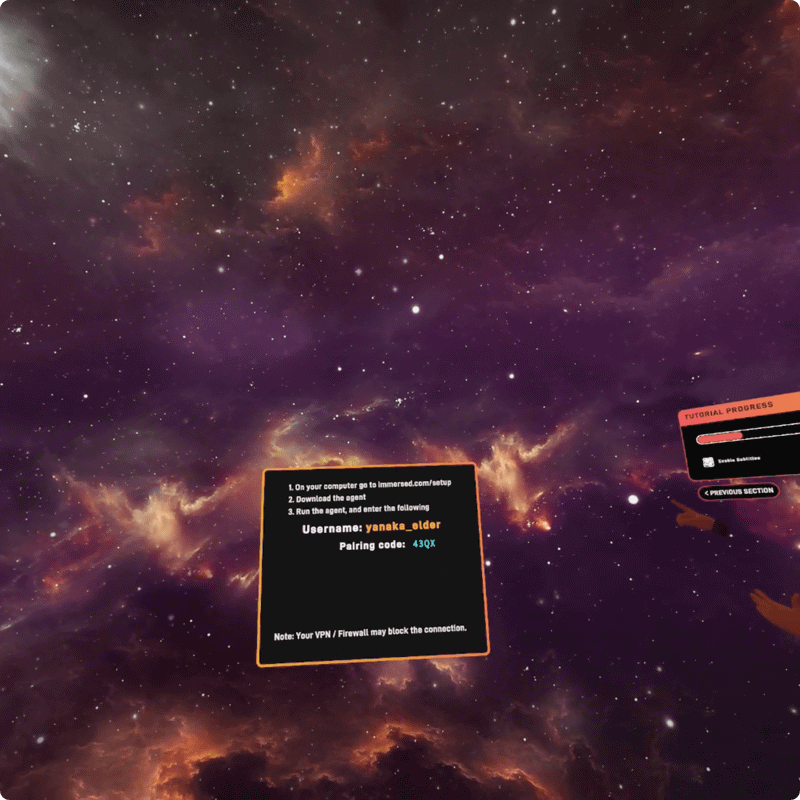 Mac側でWebブラウザを開き、Meta Quest Pro側のチュートリアル画面に表示される「immersed.com/setup」にアクセスします。セットアップ画面が表示されたら［Immersed Desktop Agent］をクリック。ダウンロードを許可します