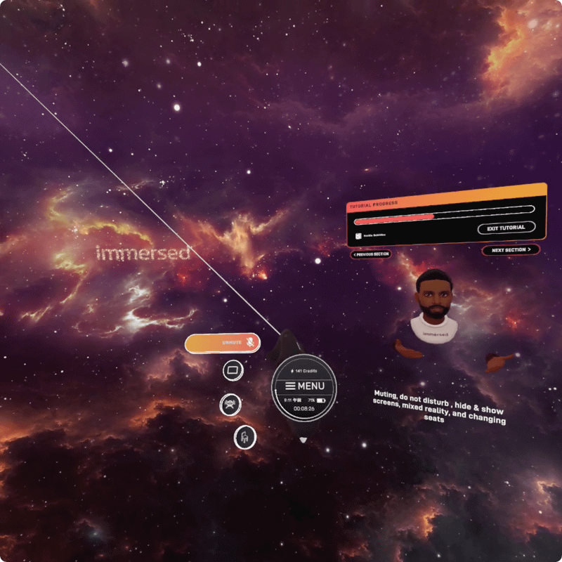 手のひらを見るようにコントローラを持った手を裏返すと、クイックアクションのボタンが現れます。真ん中のセンターサークルはImmersedのオープニングメニューを表示するためのボタン、周囲のボタンはスクリーン表示のオン/オフなどを切り替えるためのボタンです