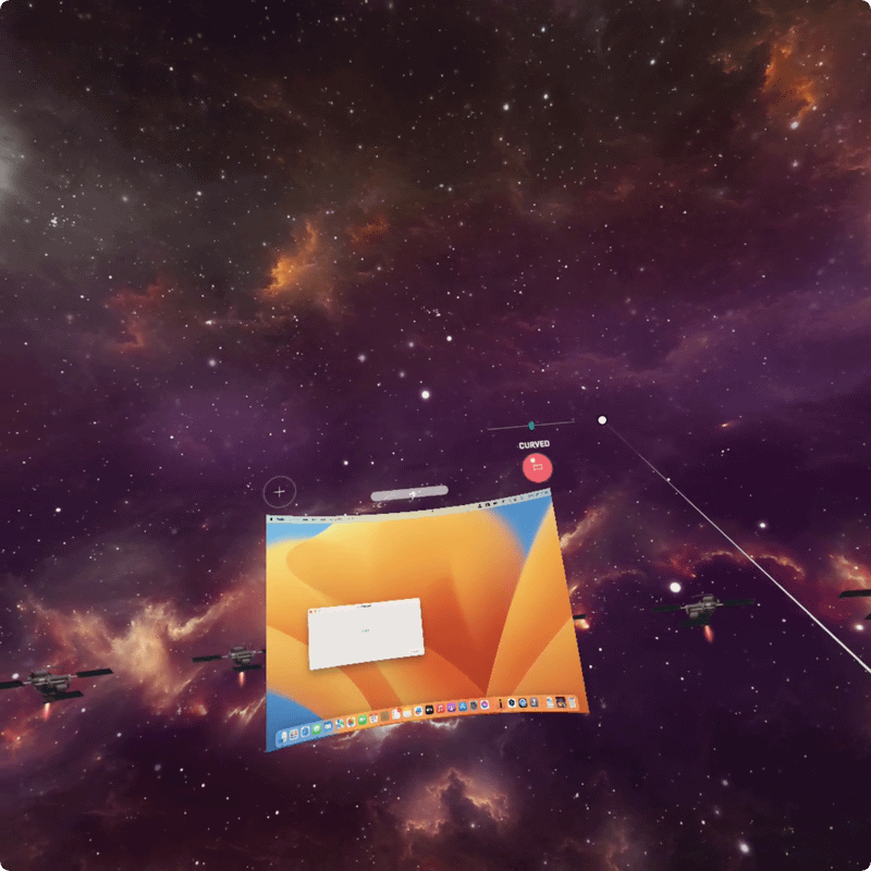 スクリーンの右上にあるスライダを動かすと湾曲度が変わります。［CURVED］ボタンを押して［FLAT］に切り替えるとスクリーンがフラットになります。フラットの状態でスライダを動かせばスクリーン同士の角度が変わります