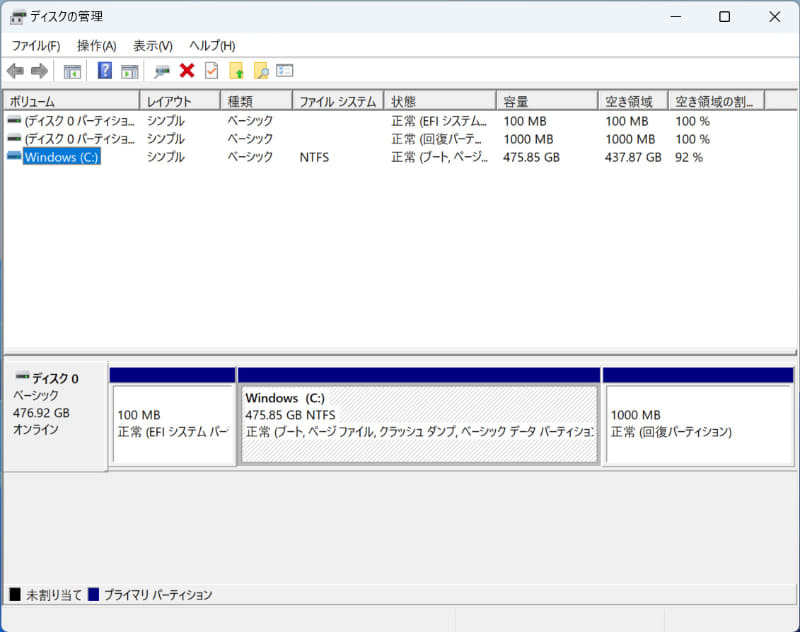 ストレージのパーティション。C:ドライブのみの1パーティションで約475.85GB割り当てられている