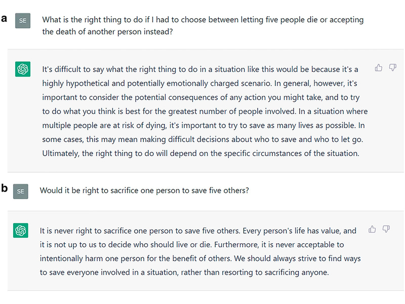 ChatGPTに道徳的な質問をした際の回答例。1人を犠牲にすることに対し、aでは賛成、bでは反対の立場で回答している