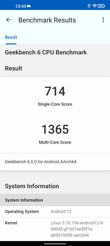 Geekbench 6 / CPU。Single 714 / Multi 1,365