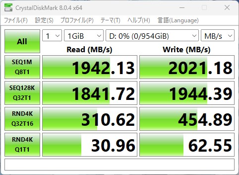 CrystalDiskMark 8.0.4 x64の計測結果