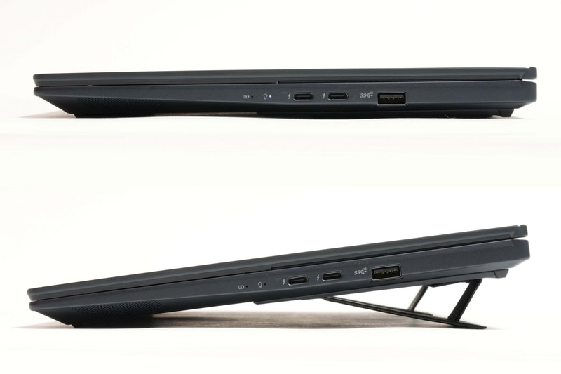 スタンドを上げるとキーボード、セカンドディスプレイ面にさらに角度をつけられる。底面の熱のこもりも低減できるだろう