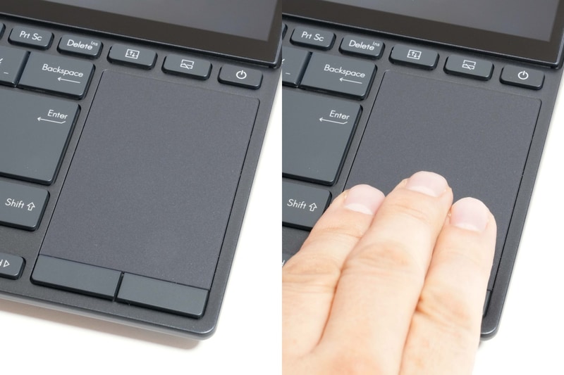タッチパッドの面積は実測53×77mm。筆者の大きな手で3本指ジェスチャーはちょっと辛い