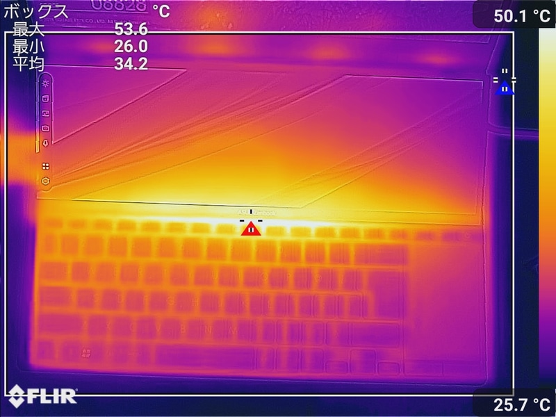 「FINAL FANTASY XV WINDOWS EDITION BENCHMARK ver 1.3」実行中のキーボード面の最大温度は53.6℃(室温25.2℃で測定)