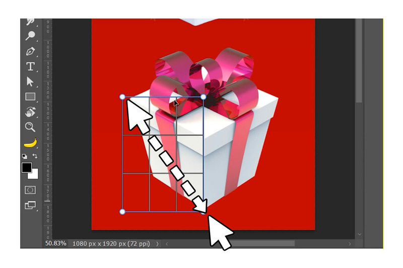 カンバス上でプレゼント左側の面あたりをドラッグしてグリッドを引きます。グリッドは後で整えるので大まかに引いて大丈夫です