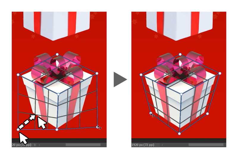 最後にプレゼント右側の面あたりをドラッグしてグリッドを引きます。すべてのグリッドが引けたら四隅の各ポイントをドラッグしてグリッドが各面と合うように移動させます。この時、別のグリッドのピンの近くに移動させるとそのピンと結合されます。最終的にプレゼントの立方体と合うようにグリッドを調整します。