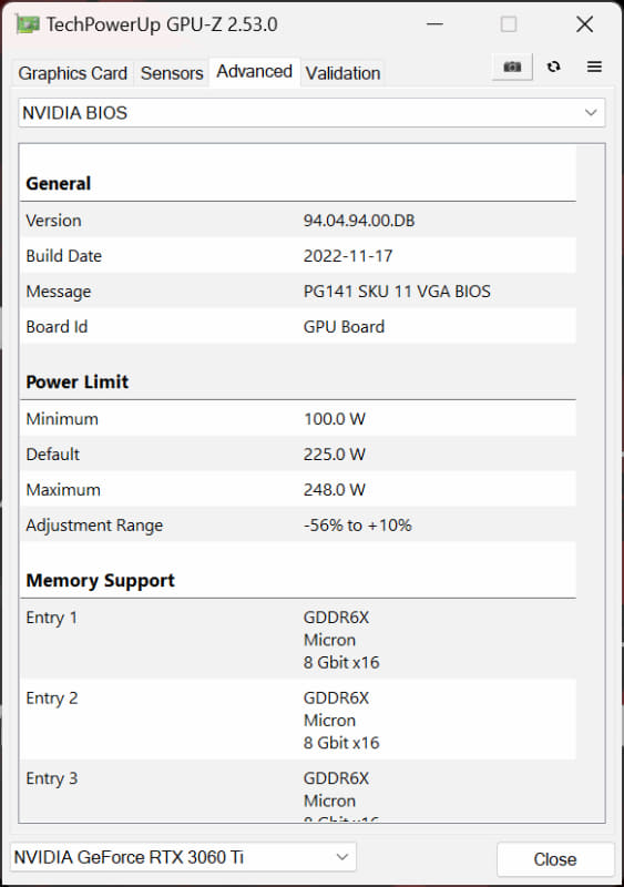 カード電力を示すPower Limitは225Wだった。GDDR6版のRTX 3060 Tiは200Wなのでメモリが高速化した分、消費電力が若干アップしている