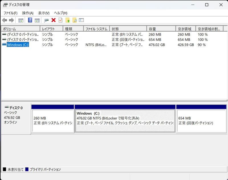 ストレージのパーティション。C:ドライブのみの1パーティションで約476GBが割り当てられている。BitLockerで暗号化