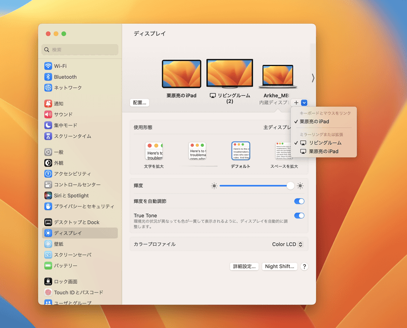 「システム設定」の［ディスプレイ］を開くと、ミラーリングと拡張デスクトップを切り替えたり、ディスプレイの配置を変更したりできます