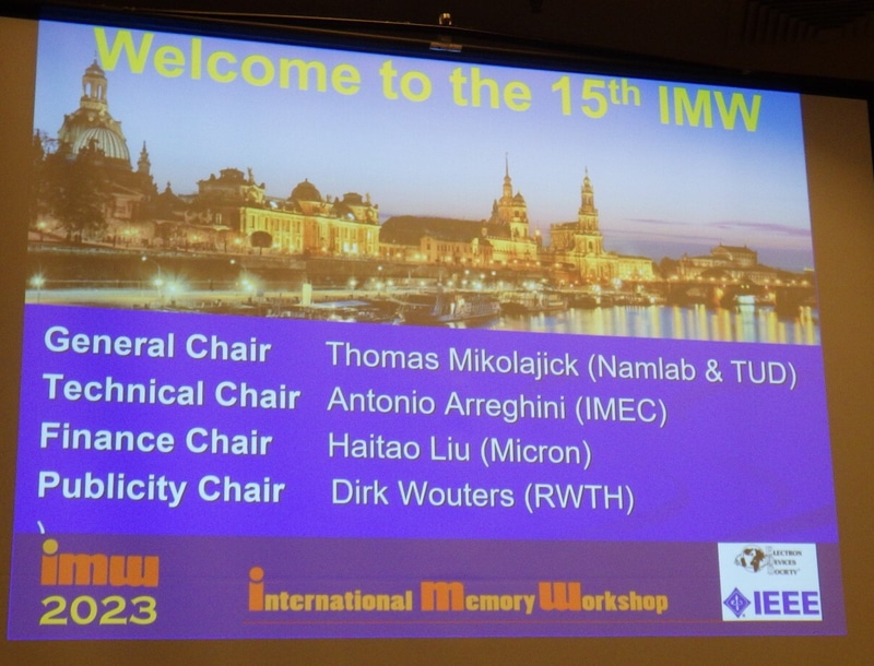 IMW 2023開会を告げる講演スライド。背景の景観画像がモントレーではなく、ドレスデン(前年の開催地)である理由はよく分からなかった。チェアパーソンによる開会挨拶から