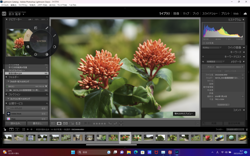 Lightroomでは、コントラスト、露光量、黒レベル、白レベル、シャドウ、ハイライト、彩度、色温度などを調整できる