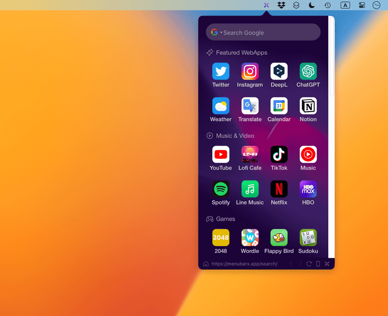 MenubarXは、ChatGPTをはじめさまざまなWebサービスをメニューバーから呼び出せるランチャー。[ChatGPT]のアイコンをクリックするとログイン画面が表示されるので、取得済みのアカウントでログインして認証を済ませておきます